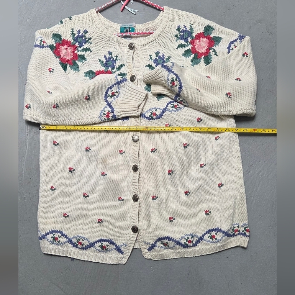 Vintage Tat Floral Hand Knitted Open Cardigan Coastal Sweater Sz L Ramie Blend - Picture 9 of 10
